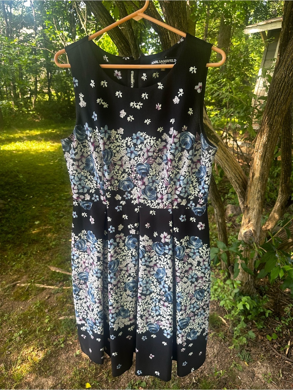 Karl Lagerfeld Black Dress with White and Blue Floral Accents